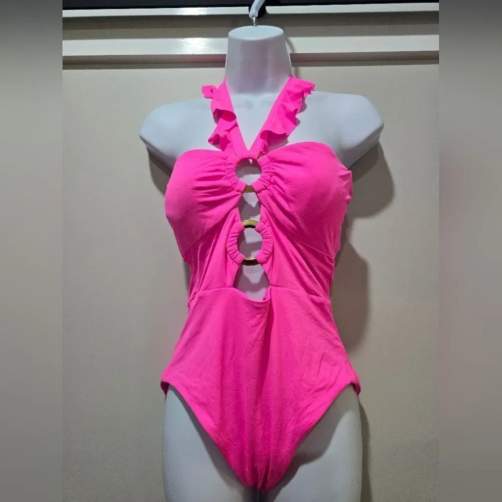SOLUNA Ruffle Strappy One-PIece Swimsuit NWT Size Large Hot Pink